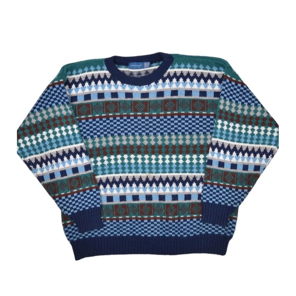 Vintage Towncraft Sweater Mens L Blue Crewneck Made in USA Geometric Fair Isle